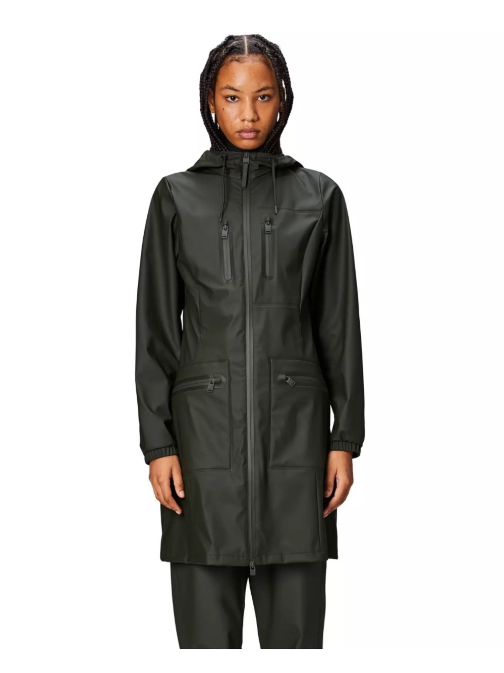 NWT Rains Olive Green “Cargo Curve” Hooded Long Raincoat